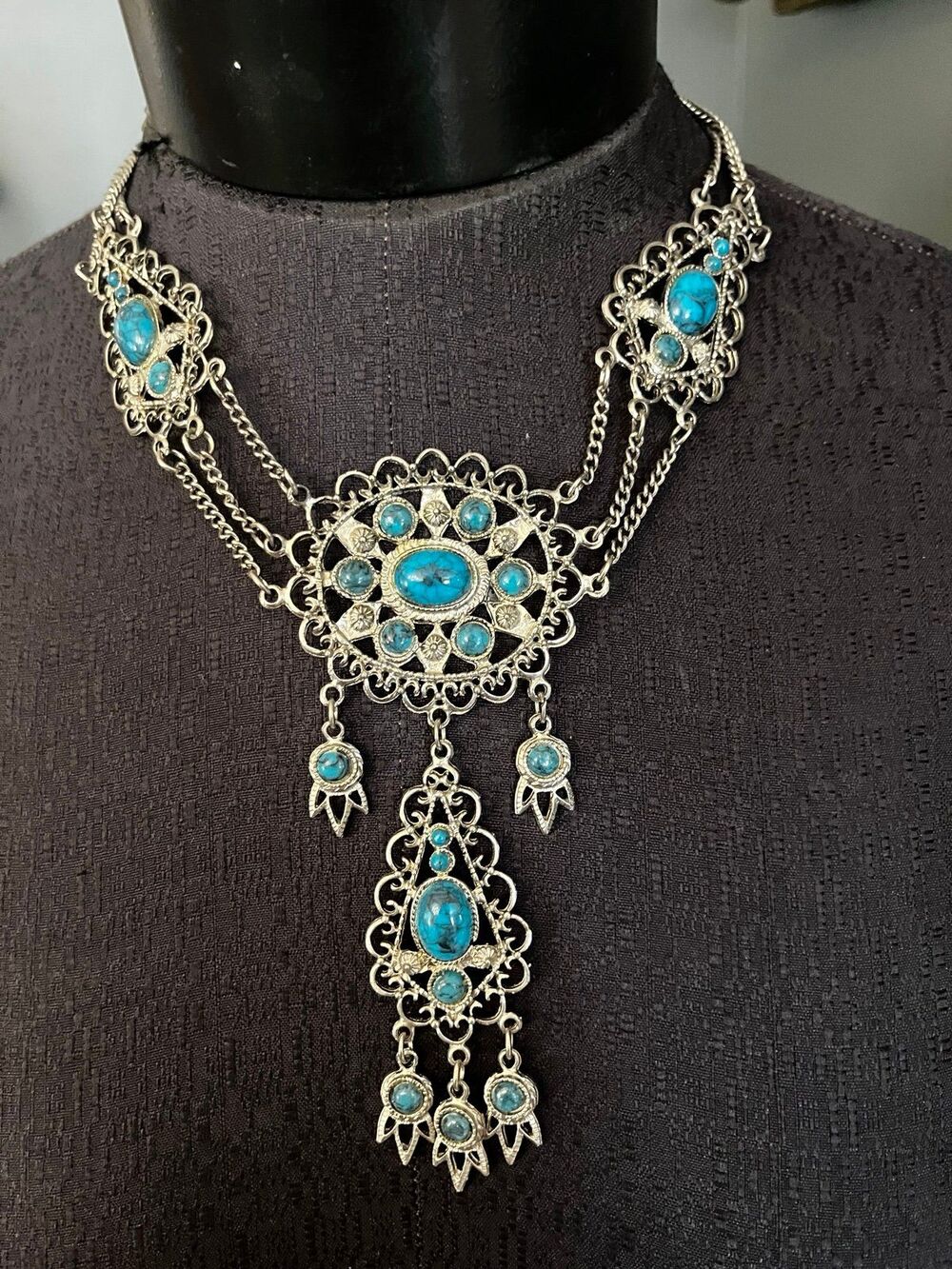 Vintage 1970’s Faux Turquoise Ornate Choker Necklace